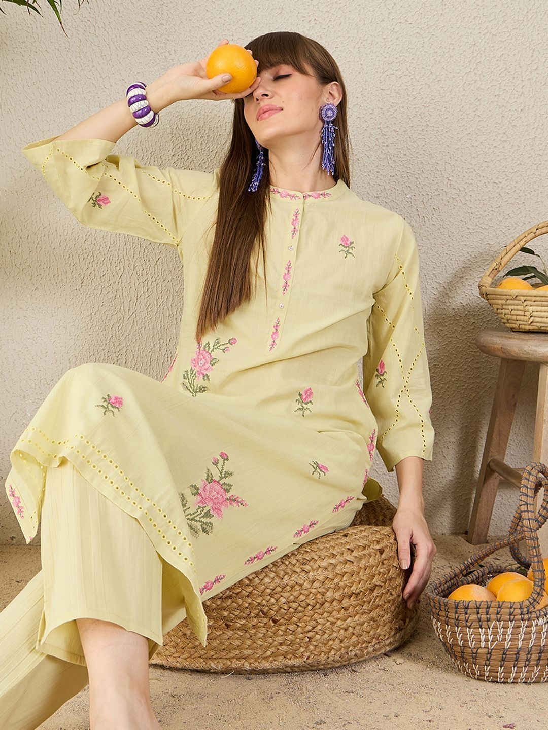Women Floral Embroidered Regular Beads and Stones Pure Cotton Kurta with Trousers