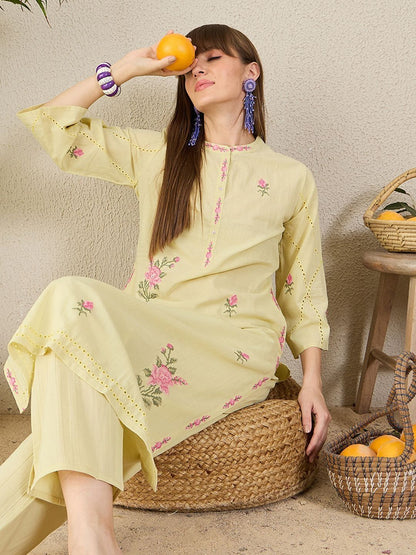 Women Floral Embroidered Regular Beads and Stones Pure Cotton Kurta with Trousers