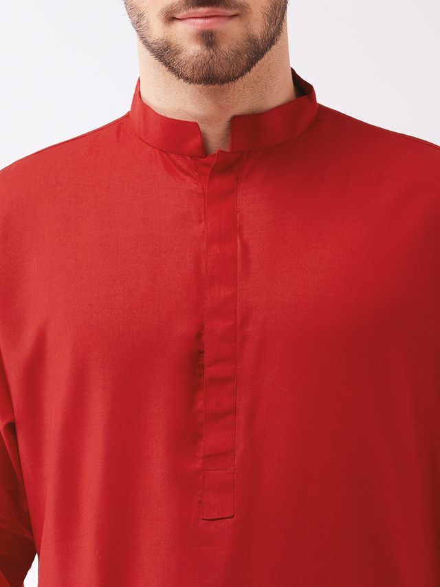 Men's Maroon Cotton Blend Pathani Kurta and Patiala Set