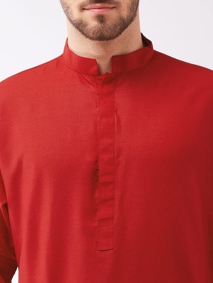 Men's Maroon Cotton Blend Pathani Kurta and Patiala Set