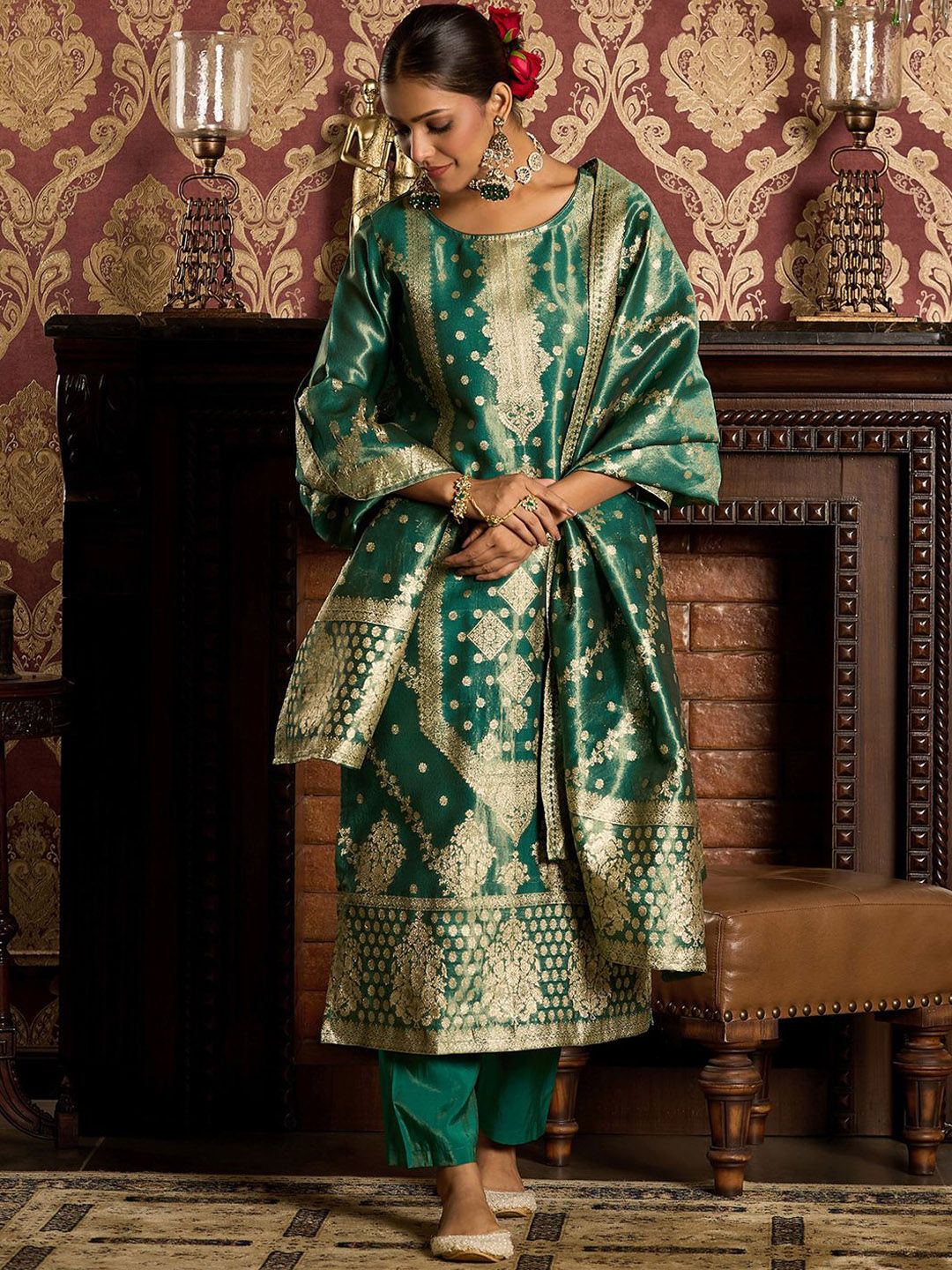 Ethnic Motifs Woven Design Zari Straight Kurta With Trousers & Dupatta