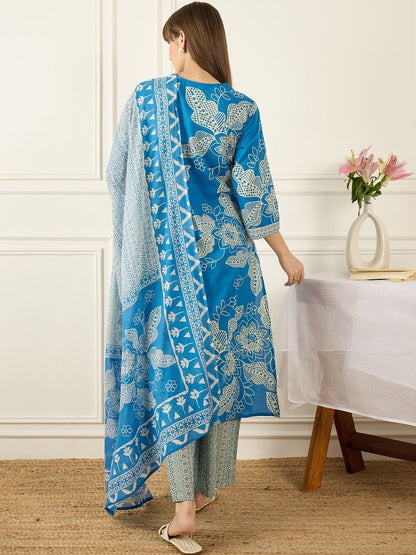 Women Floral Printed Regular Pure Cotton Kurta with Palazzos & With Dupatta