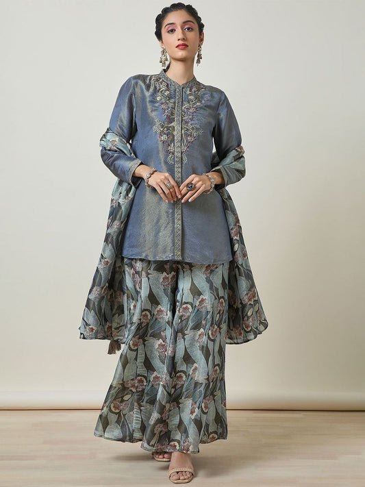 Dhiyona SO Women's Floral Embroidered Thread Work Tissue Straight Kurti with Palazzos & Dupatta