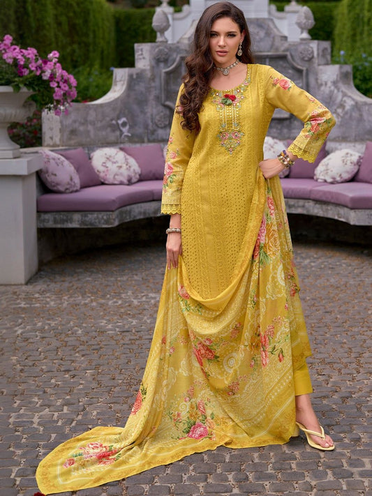 Women Floral Embroidered Cotton Kurta with Trousers & Dupatta