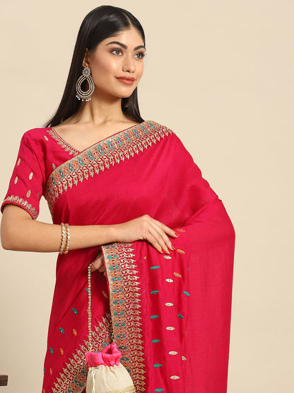Women's Silk Blend Pink Embellished Designer Saree With Blouse Piece