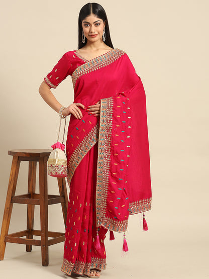 Women's Silk Blend Pink Embellished Designer Saree With Blouse Piece