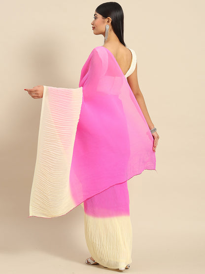 Women's Pure Crepe Pink Solid Designer Saree With Blouse Piece