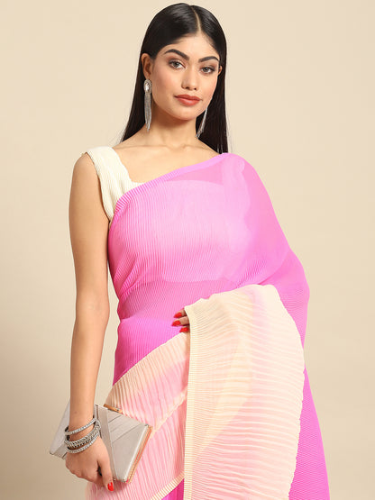 Women's Pure Crepe Pink Solid Designer Saree With Blouse Piece