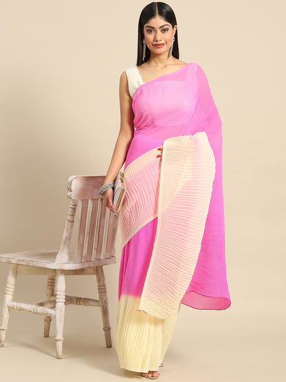 Women's Pure Crepe Pink Solid Designer Saree With Blouse Piece