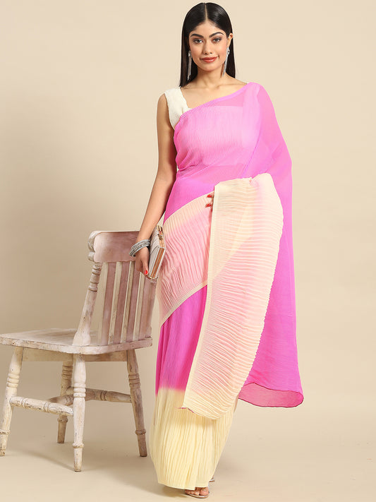 Women's Pure Crepe Pink Solid Designer Saree With Blouse Piece