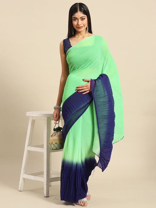 Women's Pure Crepe Green Solid Designer Saree With Blouse Piece