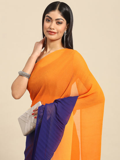 Women's Pure Crepe Orange Solid Designer Saree With Blouse Piece