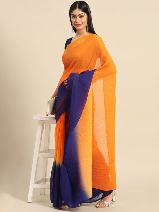 Women's Pure Crepe Orange Solid Designer Saree With Blouse Piece