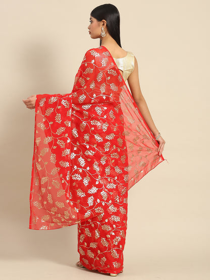 Women's Georgette Red Woven Design Celebrity Saree With Blouse Piece