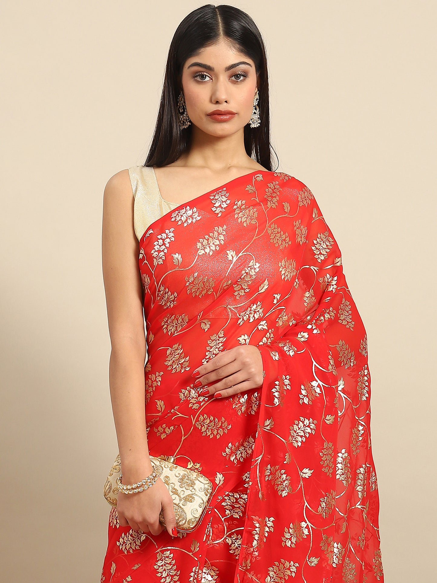 Women's Georgette Red Woven Design Celebrity Saree With Blouse Piece