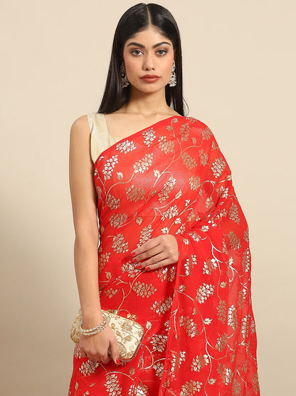 Women's Georgette Red Woven Design Celebrity Saree With Blouse Piece