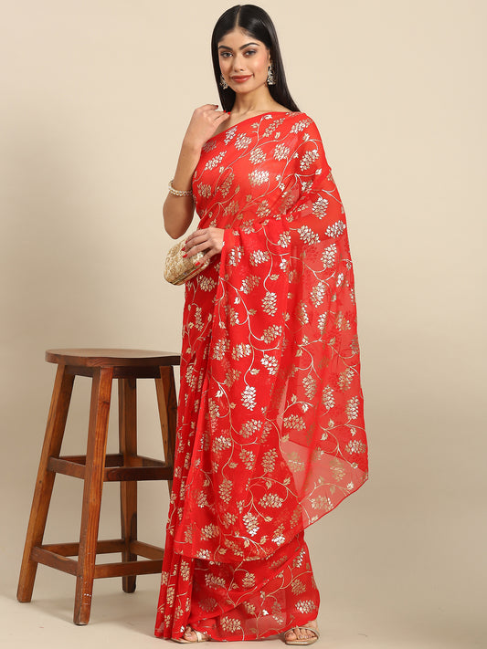 Women's Georgette Red Woven Design Celebrity Saree With Blouse Piece