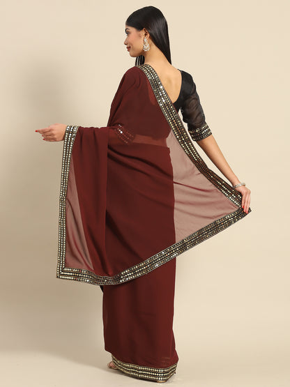 Women's Georgette Brown Embellished Celebrity Saree With Blouse Piece
