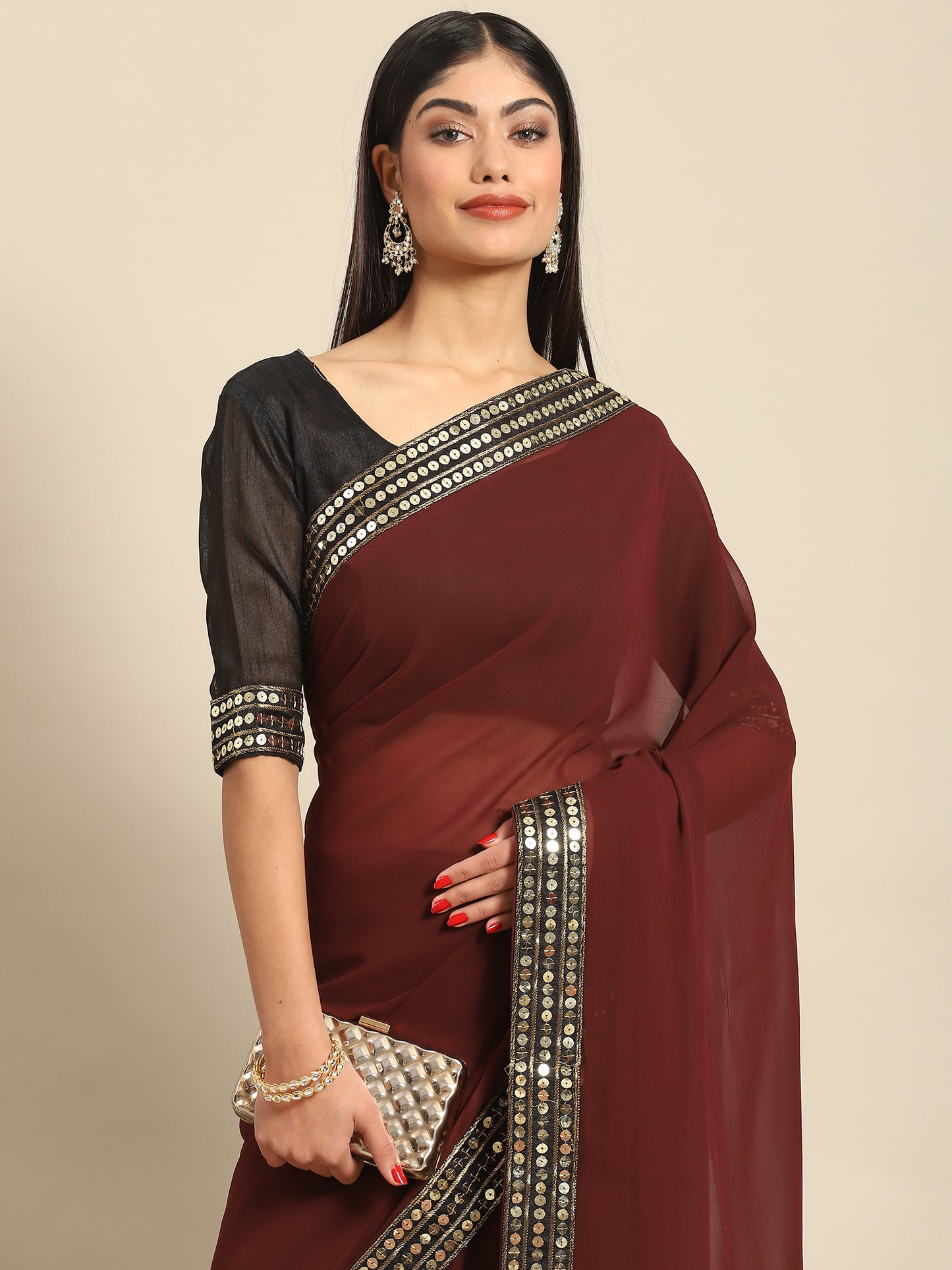 Women's Georgette Brown Embellished Celebrity Saree With Blouse Piece