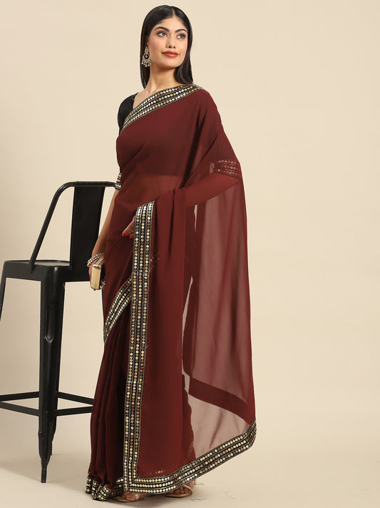 Women's Georgette Brown Embellished Celebrity Saree With Blouse Piece