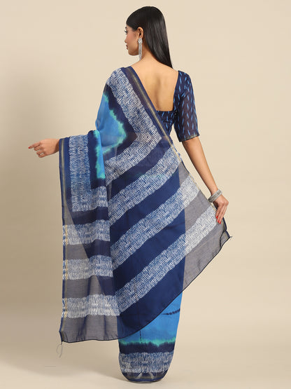 Women's Cotton Blend Blue Printed Celebrity Saree With Blouse Piece