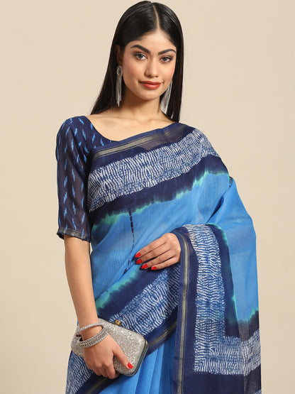 Women's Cotton Blend Blue Printed Celebrity Saree With Blouse Piece