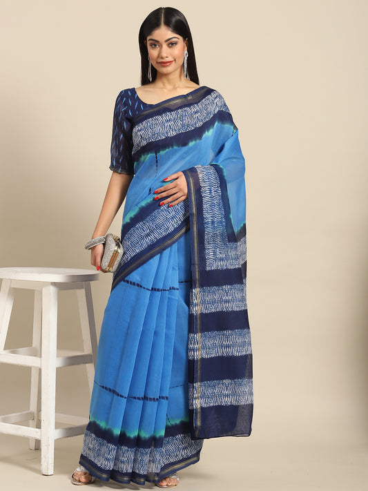 Women's Cotton Blend Blue Printed Celebrity Saree With Blouse Piece