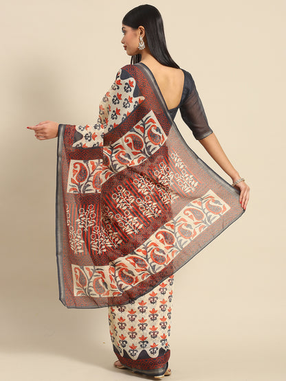 Women's Cotton Blend Beige Printed Celebrity Saree With Blouse Piece