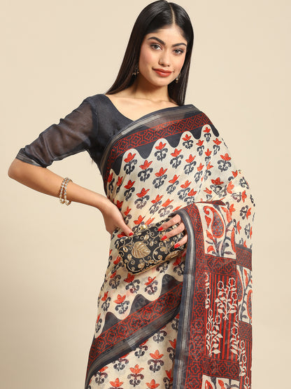 Women's Cotton Blend Beige Printed Celebrity Saree With Blouse Piece