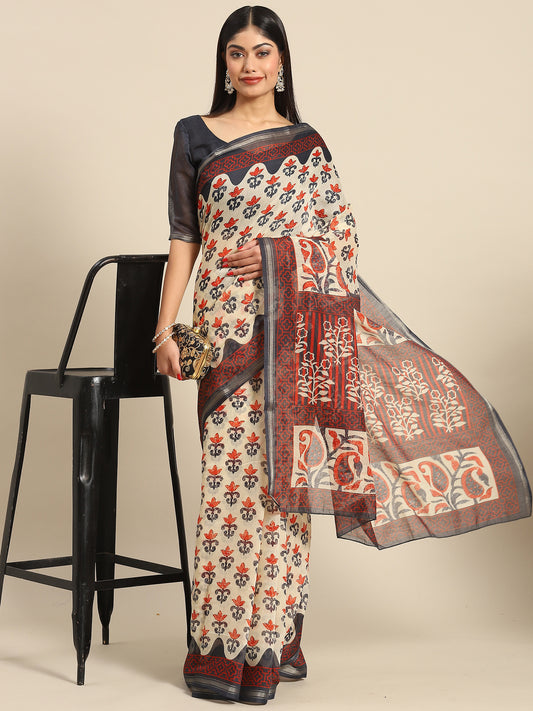 Women's Cotton Blend Beige Printed Celebrity Saree With Blouse Piece