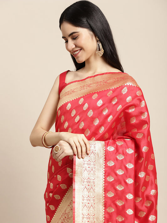 Women's Silk Blend Red Woven Design Woven saree With Blouse Piece