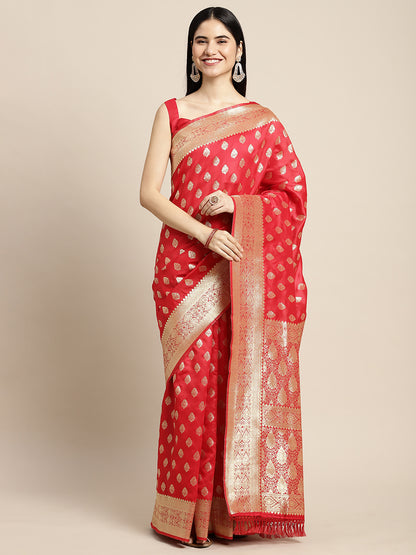 Women's Silk Blend Red Woven Design Woven saree With Blouse Piece