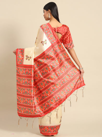 Women's Silk Blend Off White Digital Print Celebrity Saree With Blouse Piece