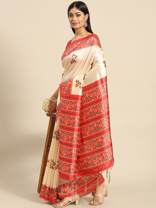 Women's Silk Blend Off White Digital Print Celebrity Saree With Blouse Piece
