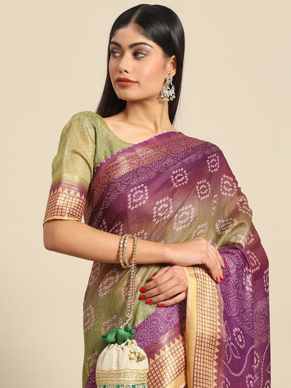 Women's Linen Purple Printed Designer Saree With Blouse Piece