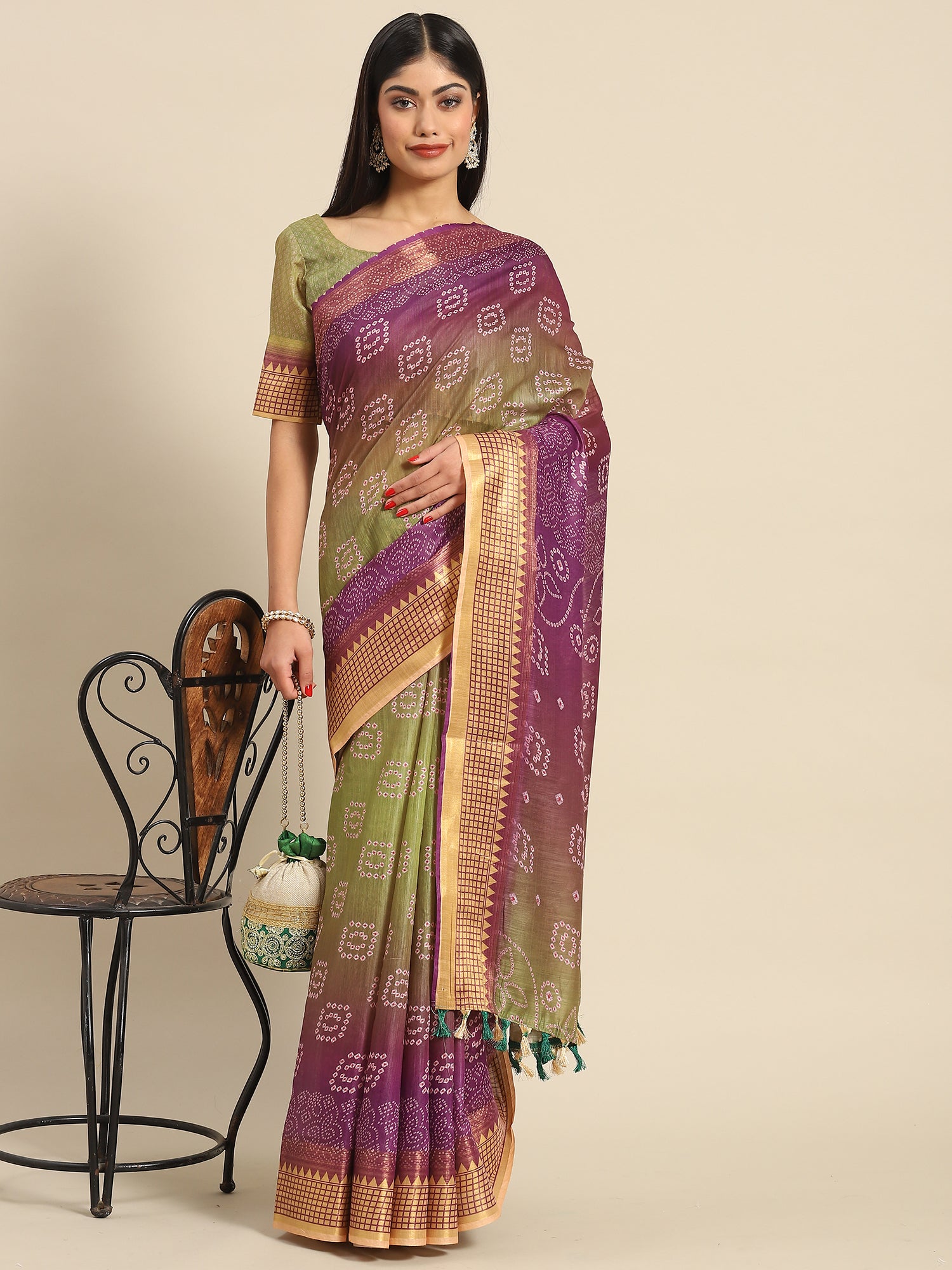 Women's Linen Purple Printed Designer Saree With Blouse Piece
