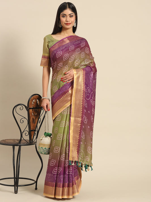 Women's Linen Purple Printed Designer Saree With Blouse Piece
