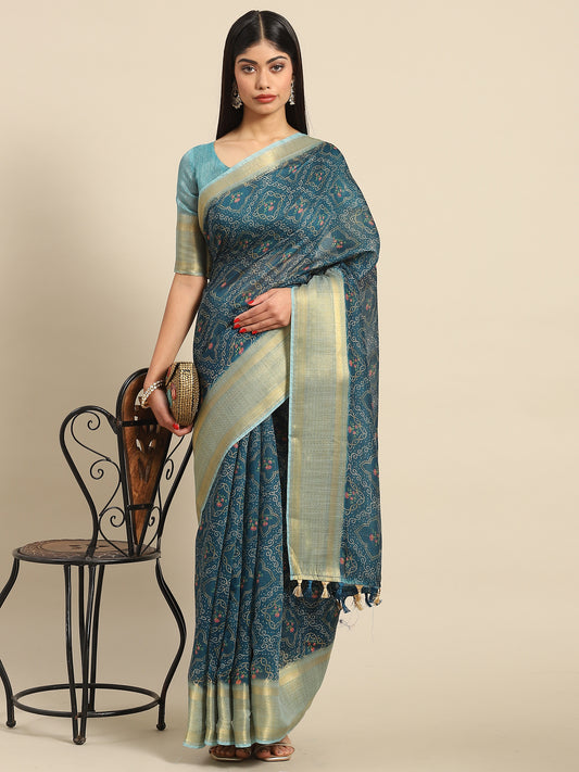 Women's Linen Blue Printed Designer Saree With Blouse Piece