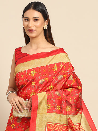 Women's Art Silk Red Woven Design Designer Saree With Blouse Piece