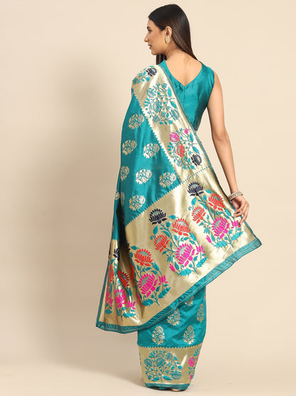 Women's Silk Blend Teal blue Woven Design Designer Saree With Blouse Piece
