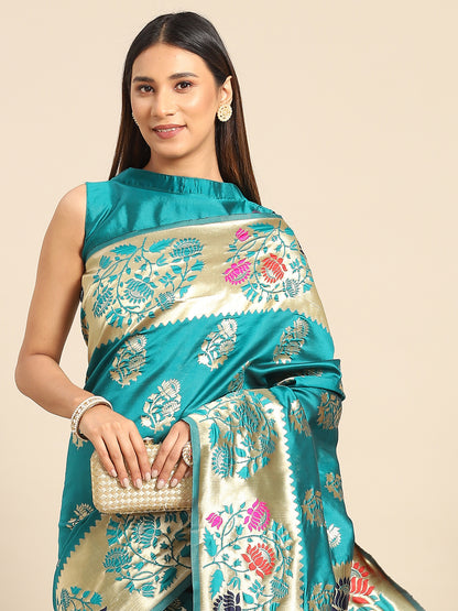Women's Silk Blend Teal blue Woven Design Designer Saree With Blouse Piece