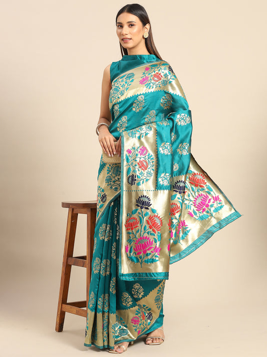 Women's Silk Blend Teal blue Woven Design Designer Saree With Blouse Piece