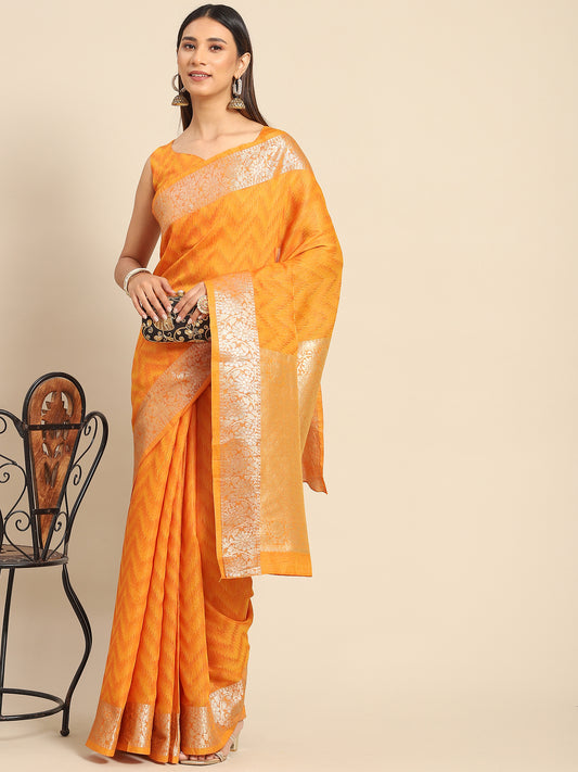 Women's Cotton Blend Mustard Woven Design Designer Saree With Blouse Piece