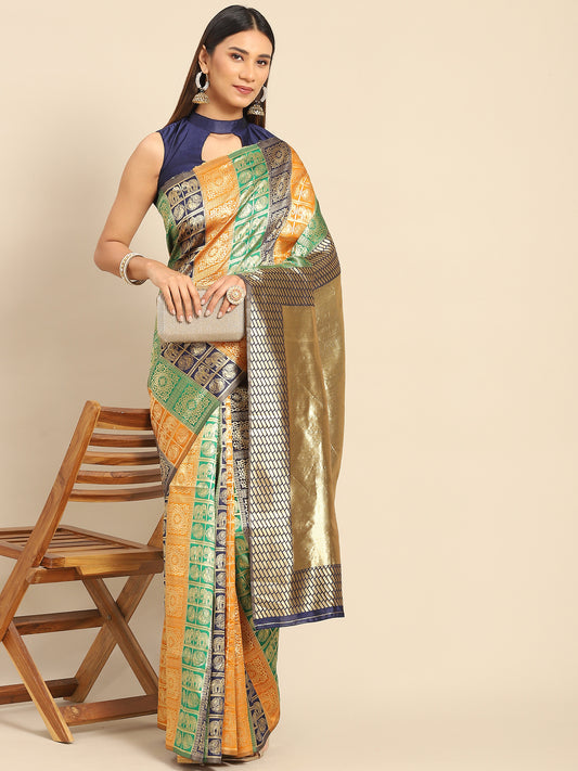 Women's Silk Blend Multicolored Woven Design Designer Saree With Blouse Piece