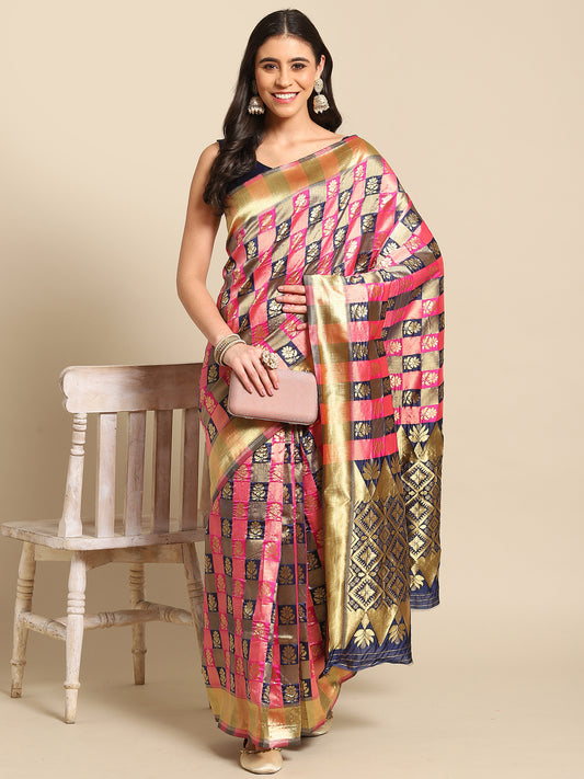 Women's Silk Blend Navy Blue Woven Design Designer Saree With Blouse Piece