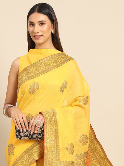 Women's Silk Blend Yellow Woven Design Designer Saree With Blouse Piece