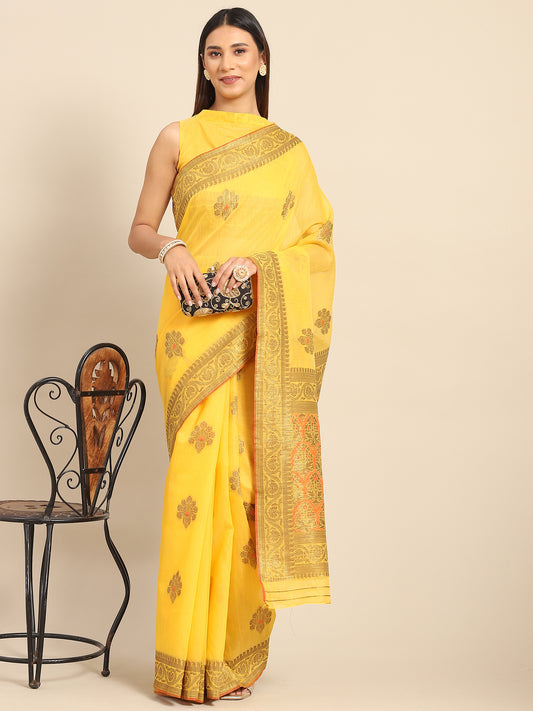 Women's Silk Blend Yellow Woven Design Designer Saree With Blouse Piece