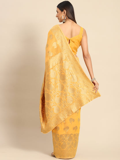 Women's Cotton Blend Yellow Woven Design Celebrity Saree With Blouse Piece