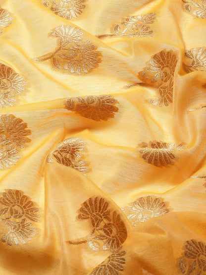 Women's Cotton Blend Yellow Woven Design Celebrity Saree With Blouse Piece