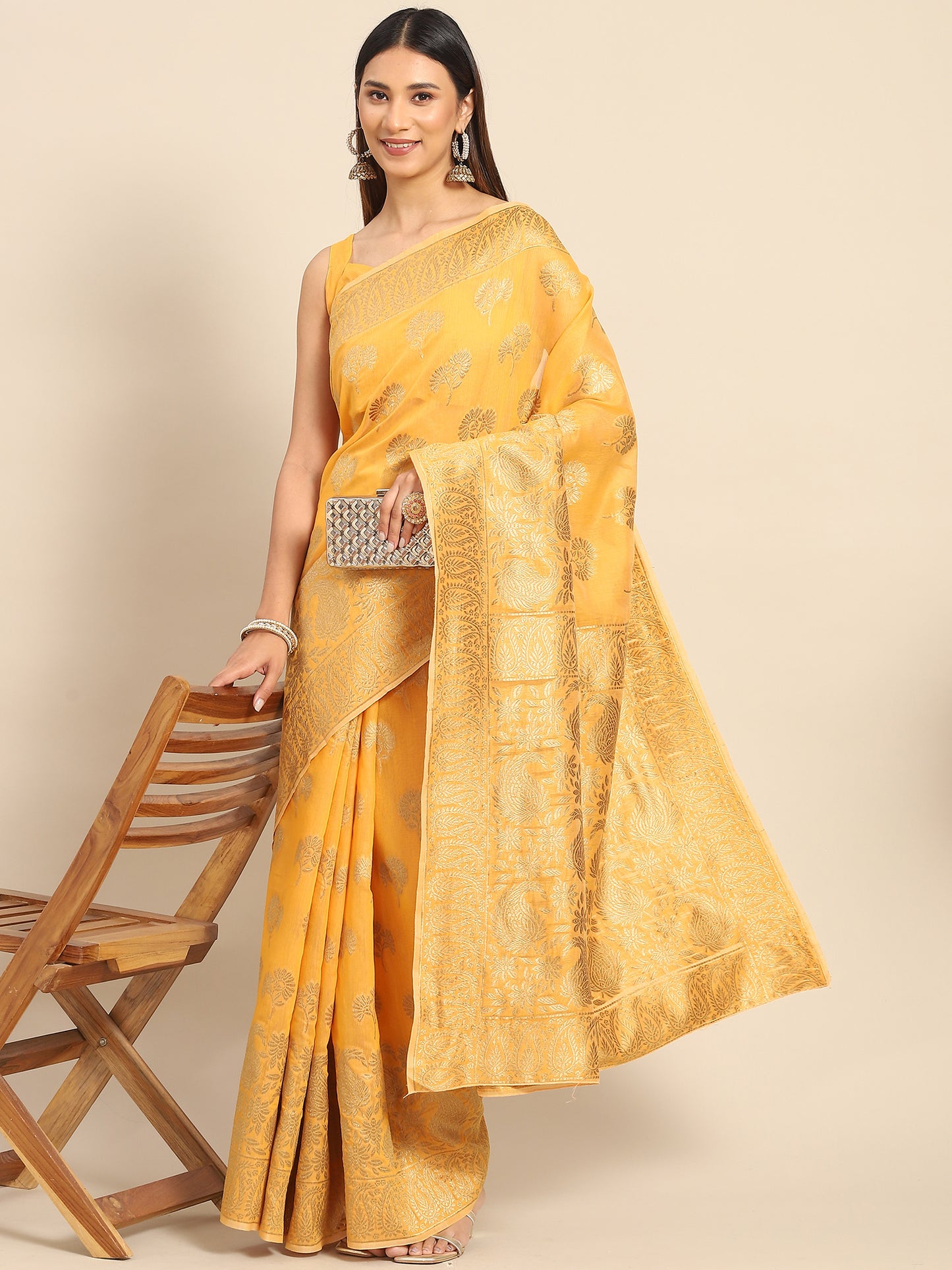 Women's Cotton Blend Yellow Woven Design Celebrity Saree With Blouse Piece